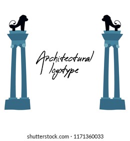 Architectural logo and vector monuments and lions in hand drawn style