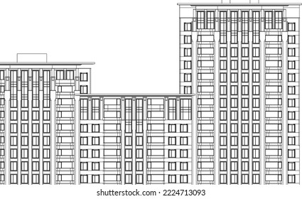 Arquitectura Lujoso Hotel apartamento 2D fachada Ilustración de líneas dibujo vector eps10