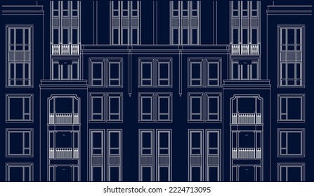 Architectural Luxury Hotel apartment façade 2D Line illustration drawing vector eps10 blueprint