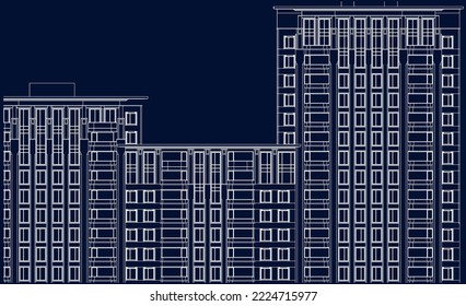 Architectural Luxury Hotel apartment 2D façade Line illustration drawing sketch vector eps10 blueprint