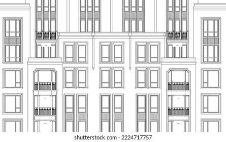 Architectural Luxury Hotel apartment façade 2D Line illustration drawing vector eps10