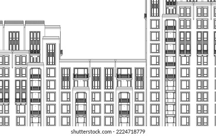 Architectural Luxury Hotel apartment 2D façade Line illustration sketch vector eps10