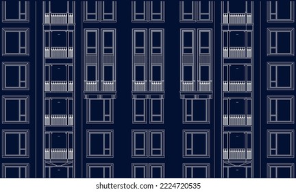 Architectural Luxury Hotel apartment façade 3D Line illustration drawing vector blueprint