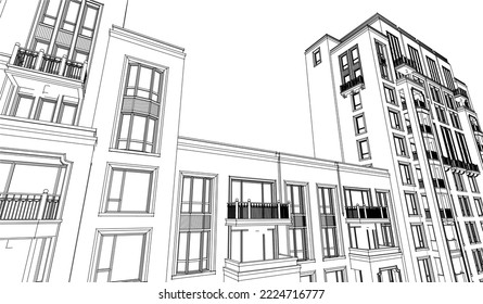 Architectural Luxury Hotel apartment perspective 3D illustration Line drawing vector