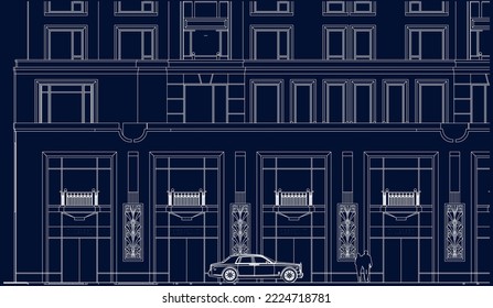 Architectural Luxury Hotel apartment shopping centres façade entrance with a car in front 2D Line illustration drawing vector blueprint