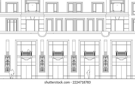 Architectural Luxury Hotel apartment shopping centres façade entrance 2D Line illustration drawing vector