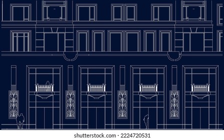 Architectural Luxury Hotel apartment shopping centres façade entrance 2D Line illustration drawing vector blueprint