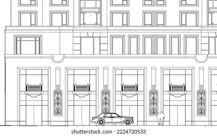 Architectural Luxury Hotel apartment shopping centres façade entrance with a car in front 2D Line illustration drawing vector