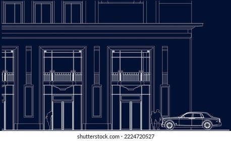 Architectural Luxury Hotel shopping centres below entrance 2D façade Line illustration drawing eps10 blueprint