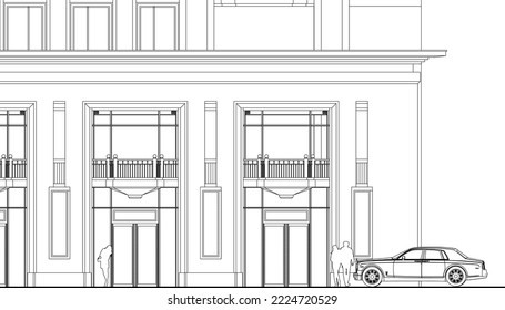 Architectural Luxury Hotel shopping centres below entrance 2D façade Line illustration drawing eps10