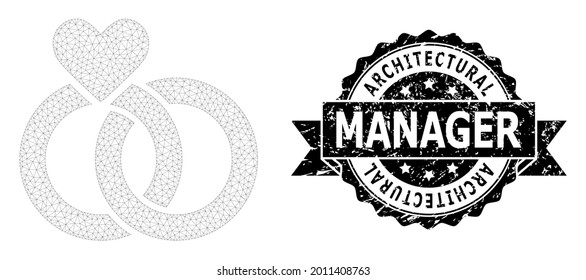 Architectural Manager scratched seal imitation and vector wedding rings mesh model. Black seal has Architectural Manager tag inside ribbon and rosette. Abstract flat mesh wedding rings,