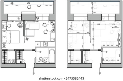 Architectural measuring plan of apartment and floor plan of arrangement of furniture (view from above). Vector interior house in top view