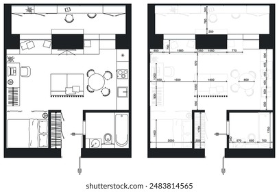 Architectural measuring plan of apartment and floor plan of arrangement of furniture (view from above). Vector interior house in top view