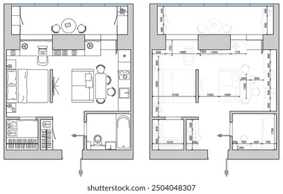 Architectural measuring plan of apartment and floor plan of arrangement of furniture (view from above). Vector interior house in top view