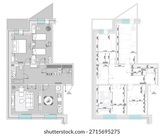 Plan de medición arquitectónica de piso y piso Plan de disposición de muebles, vista desde arriba. Casa interior de Vector en vista superior