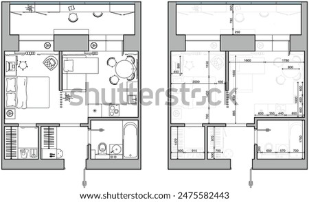Architectural measuring plan of apartment and floor plan of arrangement of furniture (view from above). Vector interior house in top view