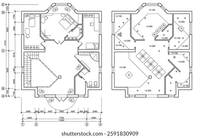 Plano arquitetônico de medição de casa de campo. Projeto de design de 
casa particular. Planeje a iluminação da fiação. Esquema elétrico do teto interior. Planta de chão na vista superior. Especificações técnicas do vetor