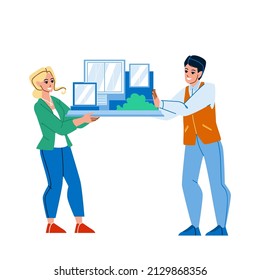 Architectural Model Presenting Architects Vector. Building Architectural Model Showing Man And Woman Workers. Characters Show House Construction Mockup Together Flat Cartoon Illustration