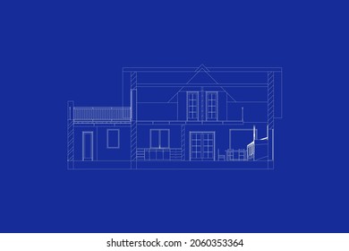 Architectural modern background. Cross-section suburban house. Vector blueprint.