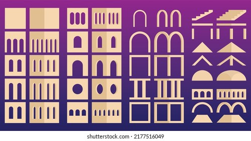 Architectural Modular Geometric Build Block Elements, Set for Game Environment Design