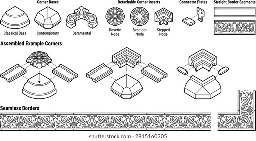 Architectural molding system components for interior design and wall paneling transparent background