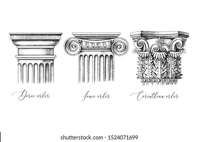 Architectural orders. 3 types of classical capitals - doric, ionic and corinthian. Hand drawn vector illustration