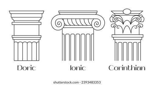 Órdenes arquitectónicas esbozan el arte de la línea. Conjunto de diferentes tipos de capitales clásicas doradas, iónicas y corintias. Columna griega y romana. Ilustración del vector aislada en el fondo