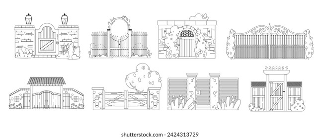 Architektonische Umrisse monochrome Vektor-Symbole gesetzt. Zäune sind Barrieren, die Grenzen umschließen und Sicherheit bieten