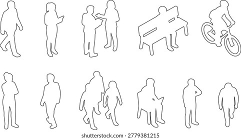 Architectural People Outline Vector Collection Featuring Mixed Top Side Front and Back Views Modern Urban Office Lifestyle Poses Walking Meetings Sitting Tablet Use Cyclist and Waiting Figures