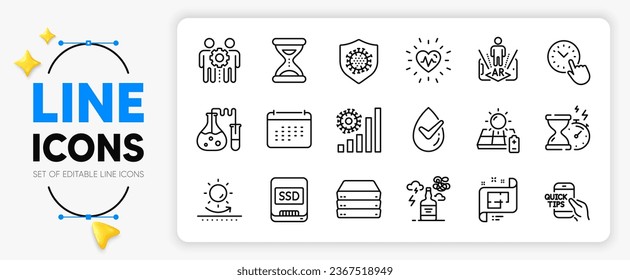 Architectural plan, Alcohol addiction and Dermatologically tested line icons set for app include Coronavirus, Time, Hourglass timer outline thin icon. Heartbeat, Sun protection. Vector