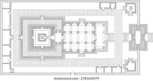 Architectural plan of the ancient temple complex detailed blueprint top view line art drawing for historical study and design projects on