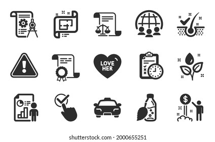 Architectural plan, Anti-dandruff flakes and Certificate icons simple set. Divider document, Legal documents and Taxi signs. Love her, Income money and Checkbox symbols. Flat icons set. Vector