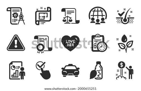 Architectural plan, Anti-dandruff flakes and
Certificate icons simple set. Divider document, Legal documents and
Taxi signs. Love her, Income money and Checkbox symbols. Flat icons
set. Vector