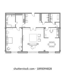 Architectural plan of the apartment. Plan of the flat. Top view with a set of furniture and plumbing equipment. Vector isolated