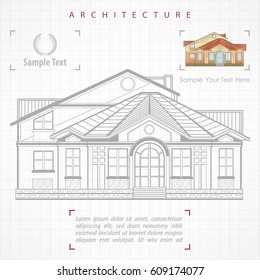 Architectural plan of building facade with terrace, cottage drawing with detailed specification, vector illustration on white
