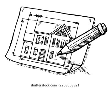 Un plan arquitectónico dibujado con lápiz sobre papel. Ilustración del vector