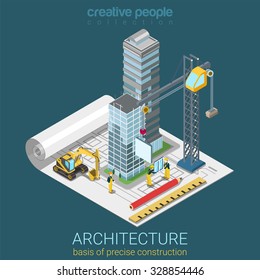 Architectural plan flat 3d isometric concept. Skyscraper glass building paper floor sketch plan big pencil ruler construction place builders crane process. Business conceptual infographics collection.