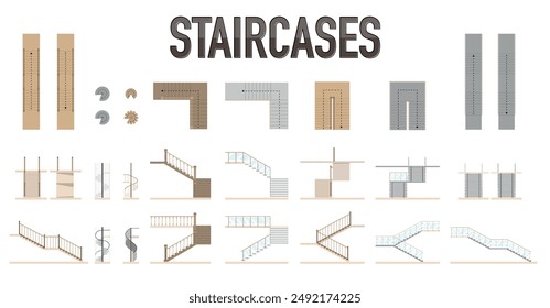 Architectural Plan, Front and Side Elevation Views of Staircases In Different Shapes