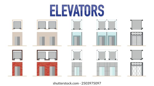 Architectural Plan and Front Views of Elevators In Different Shapes and Materials for Rendered Drawings