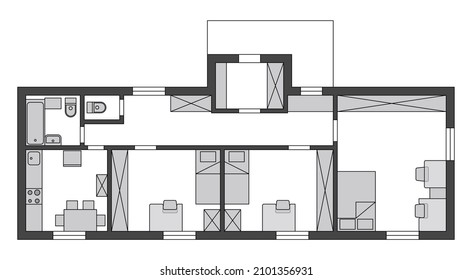 Architectural plan of the house with furniture. Black and white vector design.