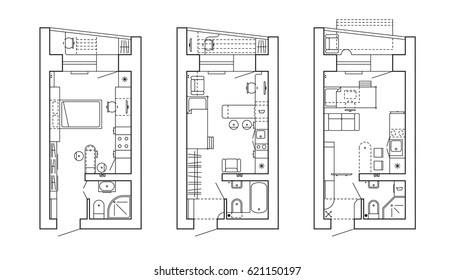 Architectural plan of a house. Layout of the apartment with the furniture in the drawing view. With kitchen and bathroom, living room and bedroom. Black and White outline layout. Vector.