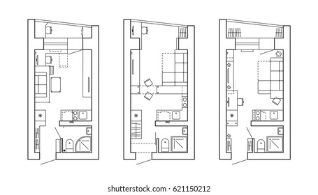 Architectural plan of a house. Layout of the apartment with the furniture in the drawing view. With kitchen and bathroom, living room and bedroom. Black and White outline layout. Vector.