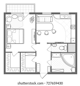 Architectural plan of a house. Professional layout of the apartment with the furniture in the drawing view. With kitchen, bedroom and bathroom. Floor plan,Vector interior design