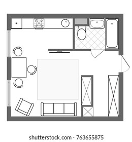 Architectural plan of a house. Professional layout of the one bedroom apartment with furniture in drawing view. With kitchen, bedroom and bathroom. Floor plan, Vector interior design