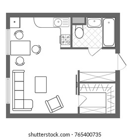 Architectural plan of a house. Professional layout of one bedroom apartment with furniture in drawing view. With kitchen, bedroom and bathroom. Floor plan. Vector interior design