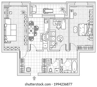 Architectural Plan Of A House, Top View. Layout Of The Apartment With The Furniture In The Drawing View. With Kitchen And Toilet, Living Room And Bedroom. House Vector Blueprint Design.