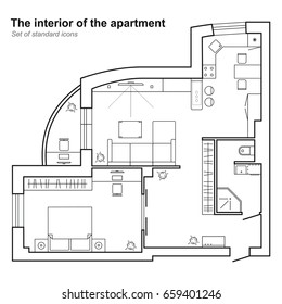 Architectural plan of a house in top view. Floor plan with furniture. Interior design icons set for layouts. Vector.
