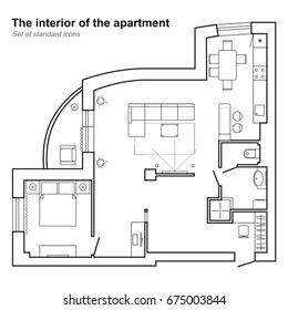 Architectural plan of a house in top view. Floor plan with furniture. Interior design icons set for layouts. Vector.