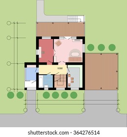 Architectural plan with landscape/ground floor/Flat projection with furniture. Vector illustration