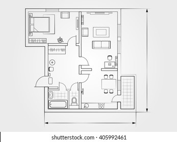 The Architectural Plan. The Layout Of The Apartment With The Furniture In The Drawing View. Top. Accommodation With Kitchen, Living Room And Bedroom